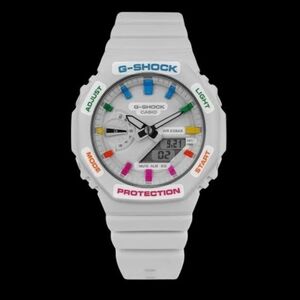 Casio White Unisex G-Shock Watch with Silver dial w/Unique Skittle Accents